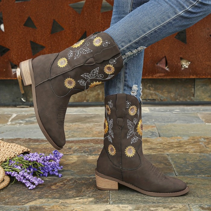 Women's Mid Calf Cowboy Boots, Sunflower Embroidery V-cut Pull On Western Boots, Retro Chunky Low Heeled Boots