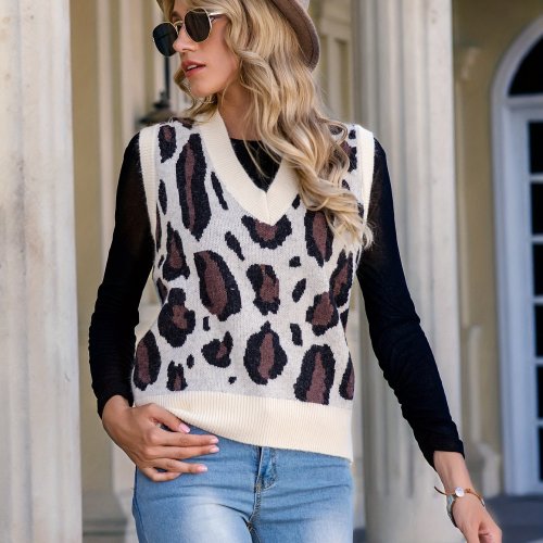 Leopard V Neck Knitted Vest, Casual Sleeveless Sweater For Spring & Fall, Women's Clothing