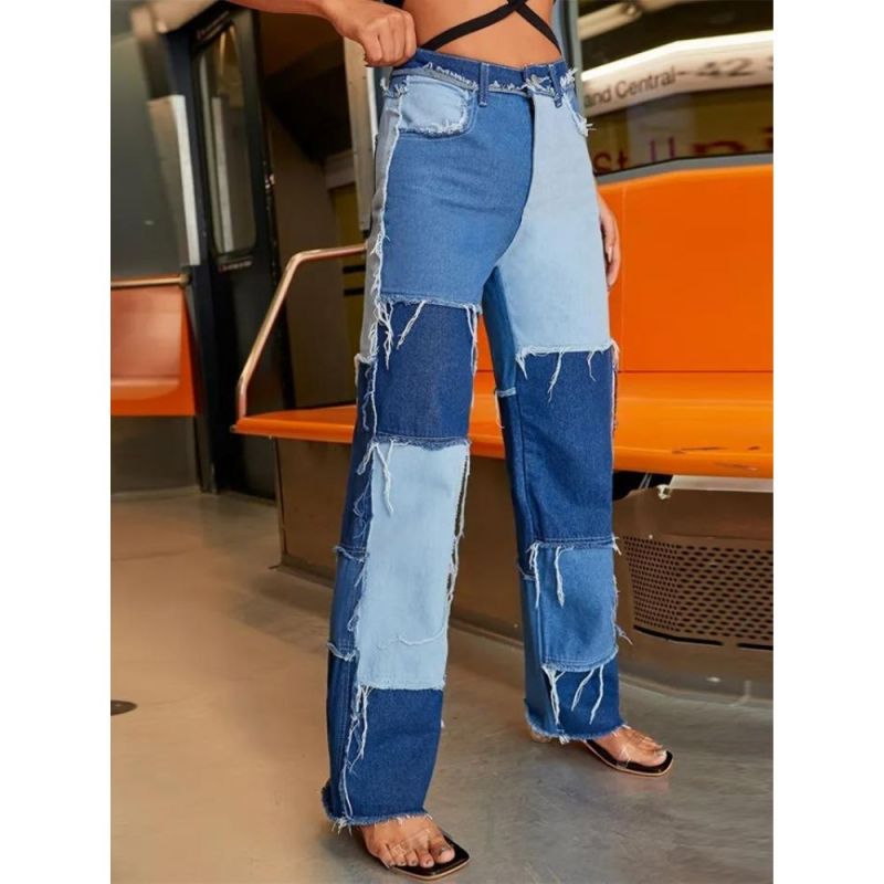 Casual Mixed Color Stitching Straight Wide Leg Jeans, Loose High Waist Patchwork Raw Hem Flare Denim Pants, Women's Denim Jeans &clothing