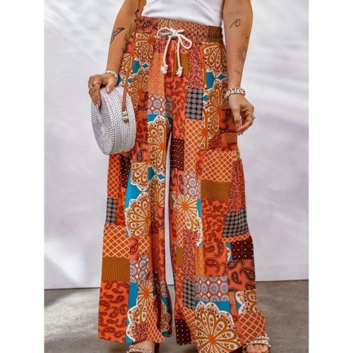Hippie Patchwork Paisley Print Wide Leg Pants, Casual Drawstring Elastic Waist Palazzo Pants, Women's Clothing