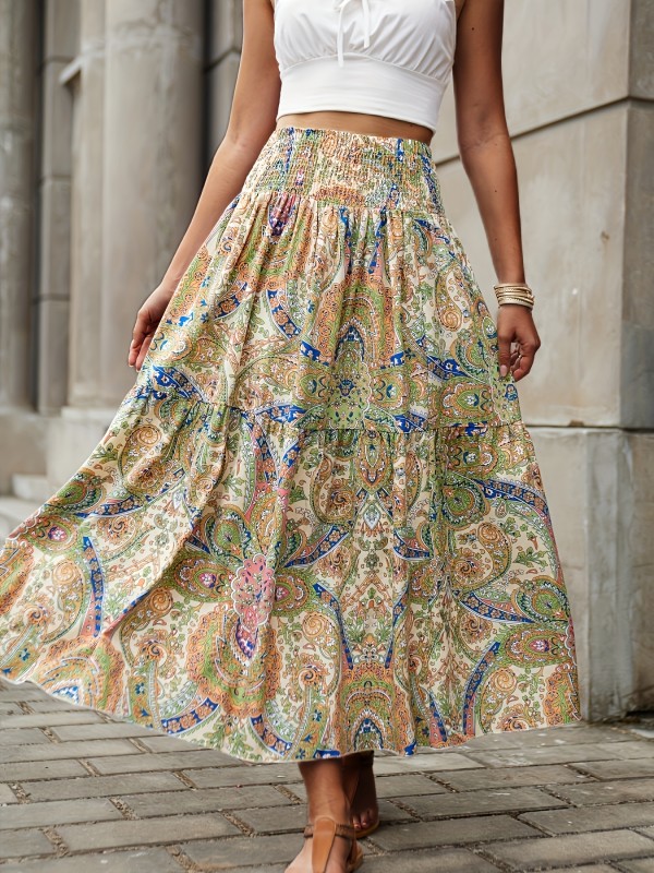 Paisley Print Shirred Waist Skirt, Casual Beach Wear Skirt For Spring & Summer, Women's Clothing