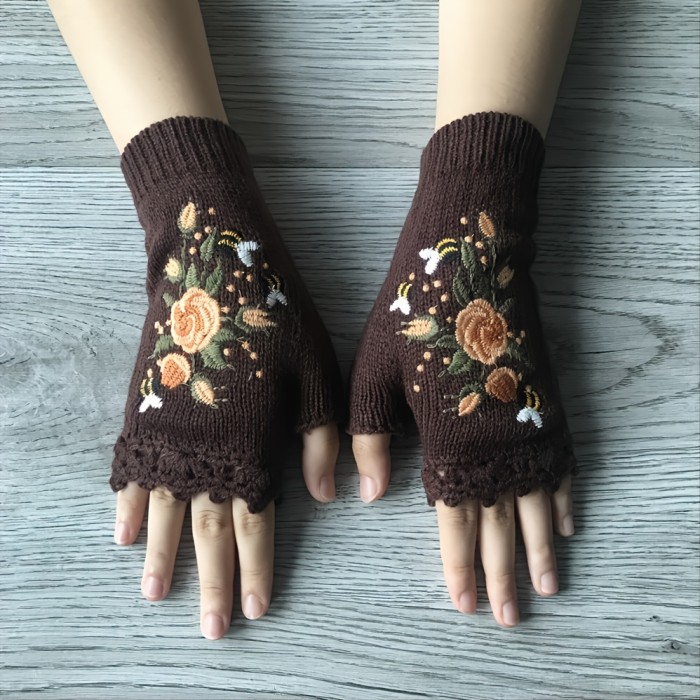 Handmade Embroidery Gloves Women's Knit Gloves Flower Gloves Hand Knit Fingerless Adult Gloves