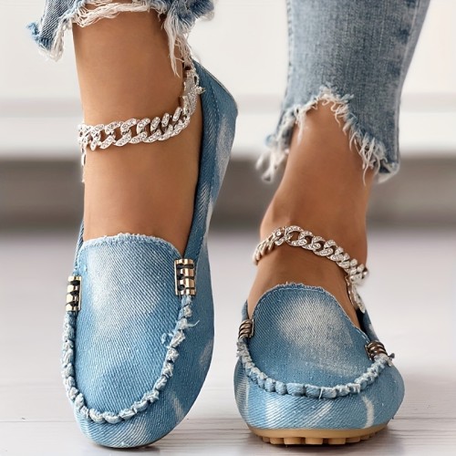 Women's Denim Flat Loafers, Casual Round Toe Slip On Low Top Shoes, Comfy Walking Shoes