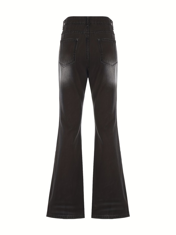 Black Whiskered Bell Bottom Jeans, Slant Pockets Wide Legs Non-Stretch Flare Jeans