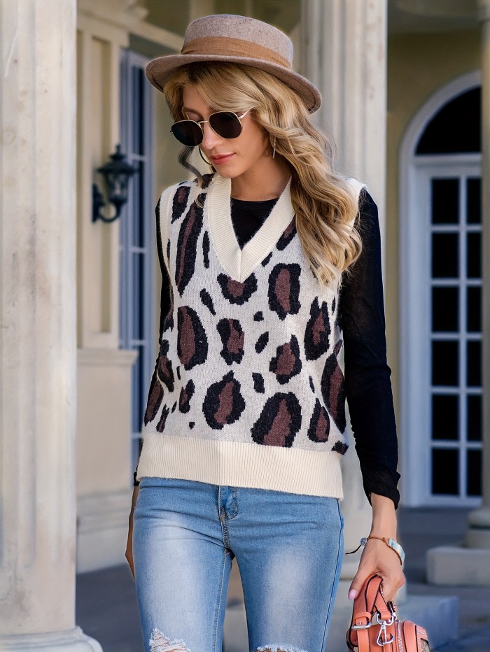 Leopard V Neck Knitted Vest, Casual Sleeveless Sweater For Spring & Fall, Women's Clothing