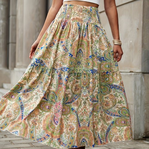 Paisley Print Shirred Waist Skirt, Casual Beach Wear Skirt For Spring & Summer, Women's Clothing
