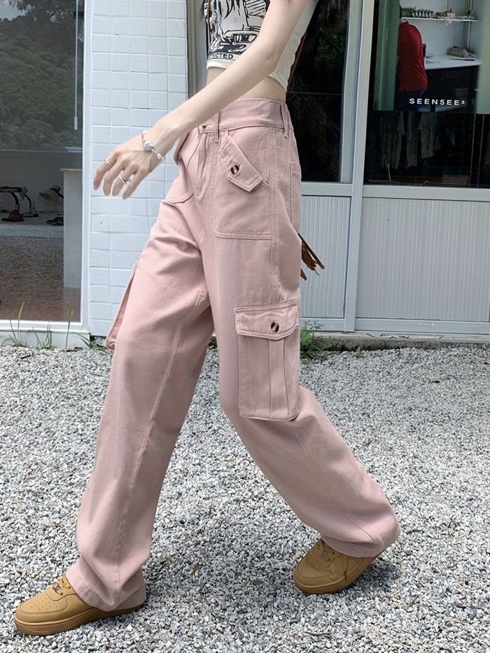 Pink Flap Pockets Cargo Pants, Loose Fit High Waist Non-Stretch Wide Legs Jeans, Women's Denim Jeans & Clothing