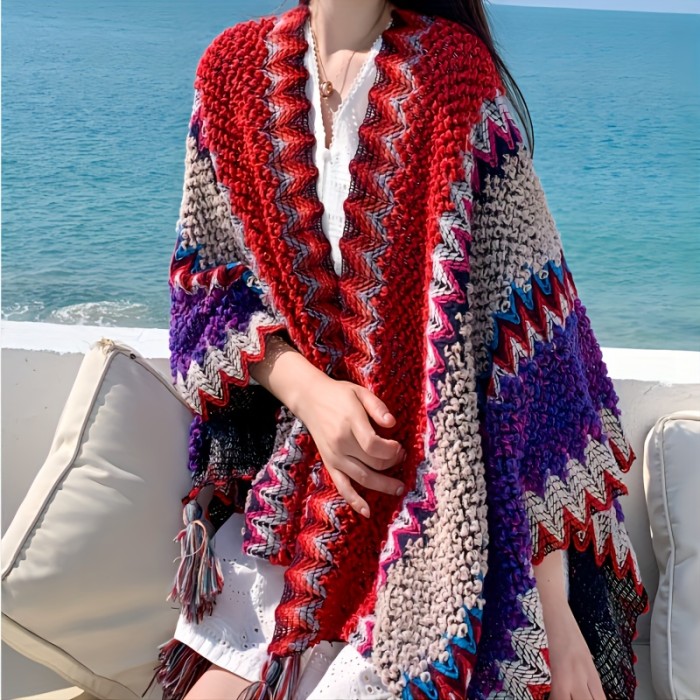 Boho Handmade Braided Shawl Large Vintage Traditional Striped Tassel Cardigan Stylish Travel Windproof Cloak Cape