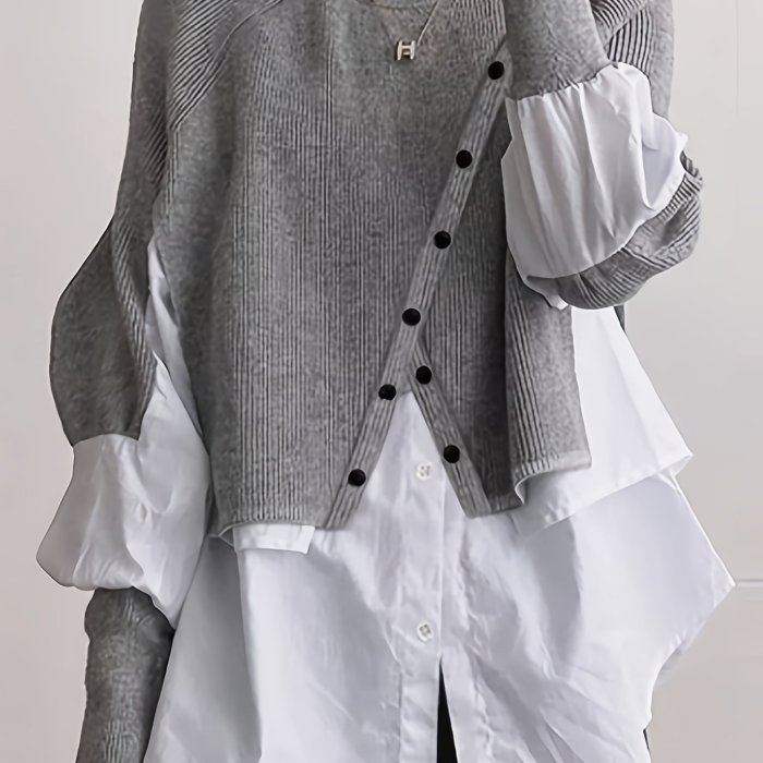 Colorblock Button Decor Asymmetrical T-Shirt, Casual Paneled Long Sleeve Top For Spring & Fall
