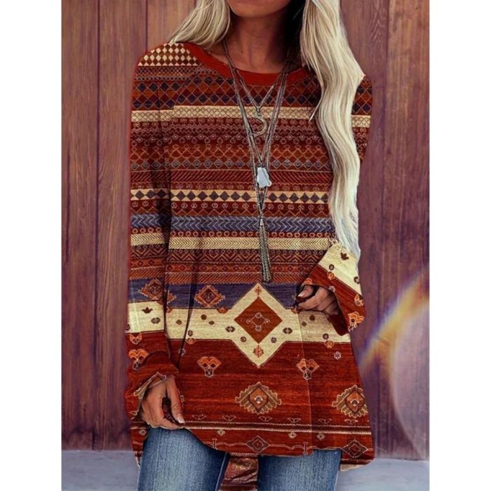 Aztec Print Crew Neck T-shirt, Vintage Raglan Sleeve Ethnic T-shirt, Women's Clothing