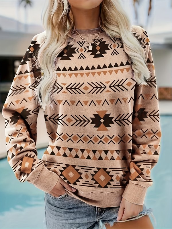 Plus Size Boho Sweatshirt, Women's Plus Geo Print Long Sleeve Round Neck Slight Stretch Pullover Top