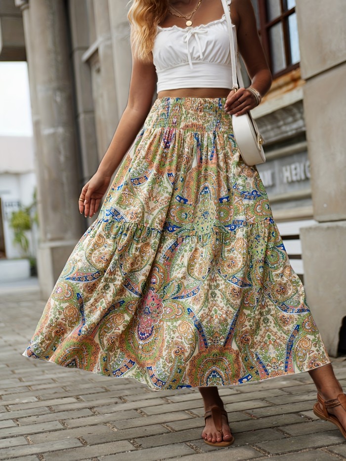 Paisley Print Shirred Waist Skirt, Casual Beach Wear Skirt For Spring & Summer, Women's Clothing