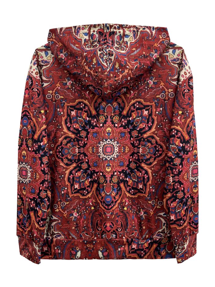 Plus Size Boho Coat, Women's Plus Arabesque Print Hooded Drawstring Long Sleeve Zip Up Coat With Pockets