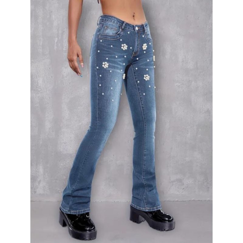 Blue Faux Pearl Bootcut Jeans, Mid-Stretch Slant Pockets Slim Fit Denim Trousers, Women's Denim Jeans & Clothing