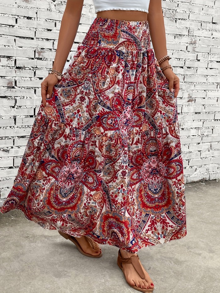 Paisley Print Shirred Waist Skirt, Casual Beach Wear Skirt For Spring & Summer, Women's Clothing