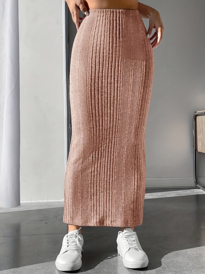 Solid Ribbed High Waist Skirt, Casual Ankle Length Skirt For Spring & Fall, Women's Clothing