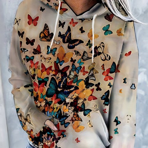 Butterfly Print Kangaroo Pocket Hoodie, Casual Long Sleeve Drawstring Hoodie Sweatshirt, Women's Clothing