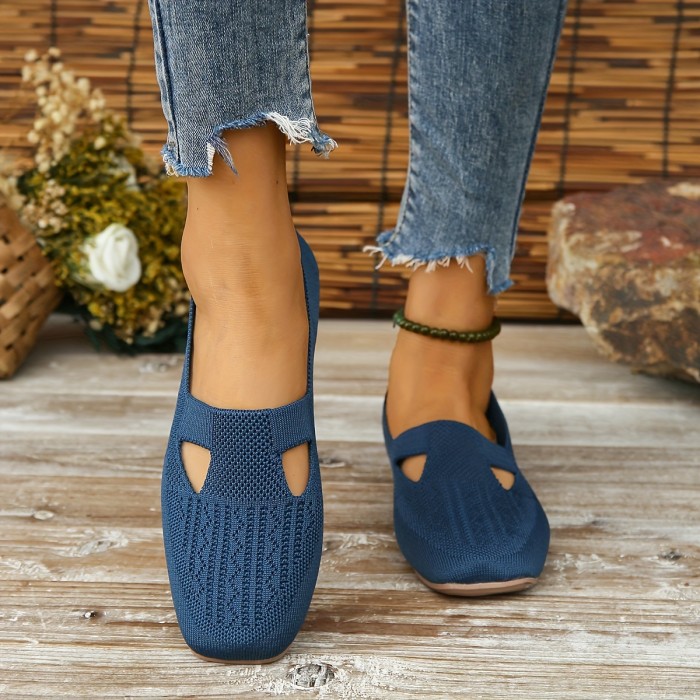 Women's Solid Color Flying Woven Shoes, Casual Square Toe Flat Shoes, Lightweight Slip On Shoes