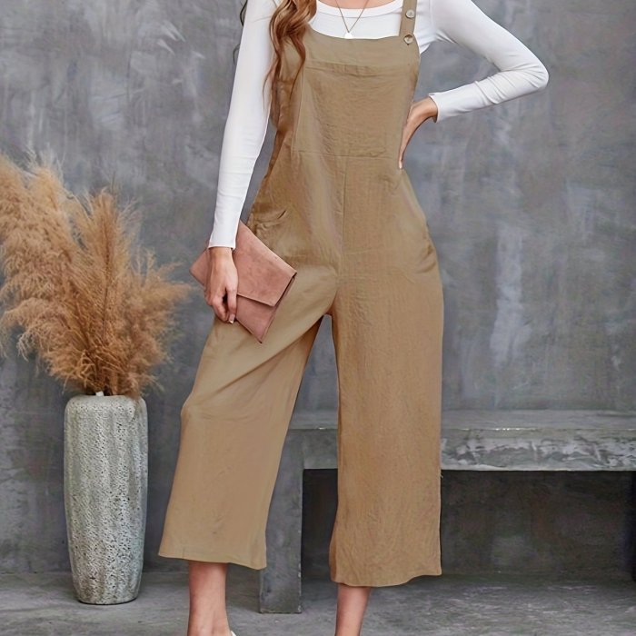 Wide Leg Overall Jumpsuit, Casual Overall Jumpsuit With Pockets For Spring & Summer, Women's Clothing