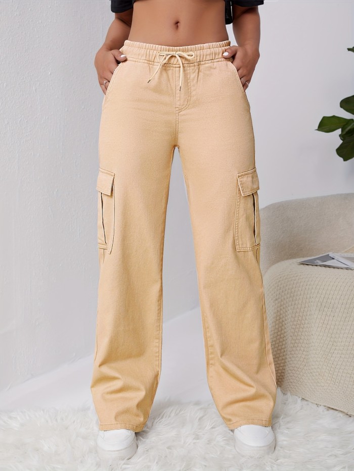 Khaki Loose Fit Straight Jeans, Drawstring Elastic Waist Flap Pockets Cargo Denim Pants, Y2K & Kpop Style, Women's Denim Jeans & Clothing