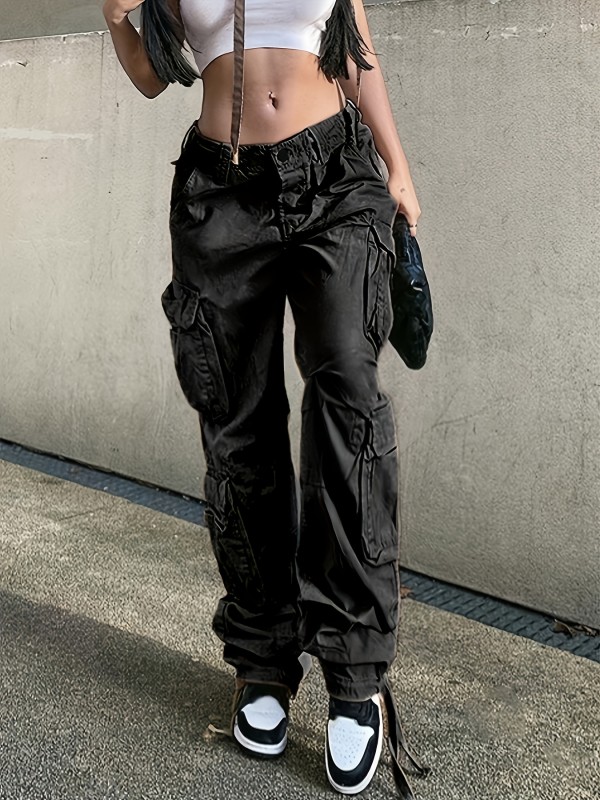 Black Flap Pockets Straight Jeans, Loose Fit Non-Stretch High Waist Cargo Pants, Y2K & Kpop Style, Women's Denim Jeans & Clothing