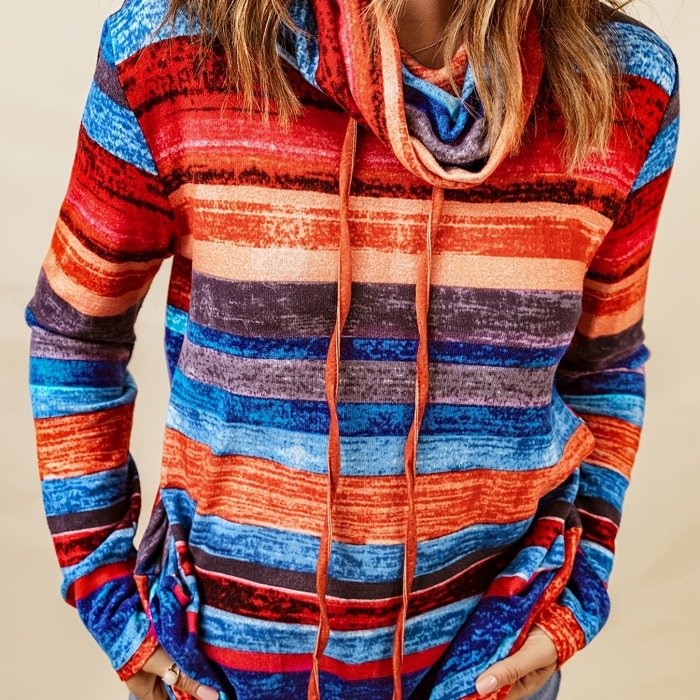 Colorful Striped Drawstring Hoodie, Casual Long Sleeve Fashion Hoodies Sweatshirt, Women's Clothing
