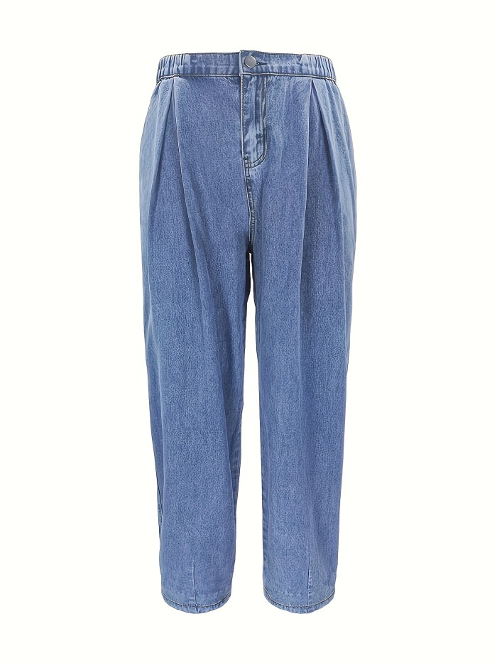 Blue Elastic Waist Denim Pants, Loose Fit Baggy Straight Legs Cropped Jeans, Women's Denim Jeans & Clothing