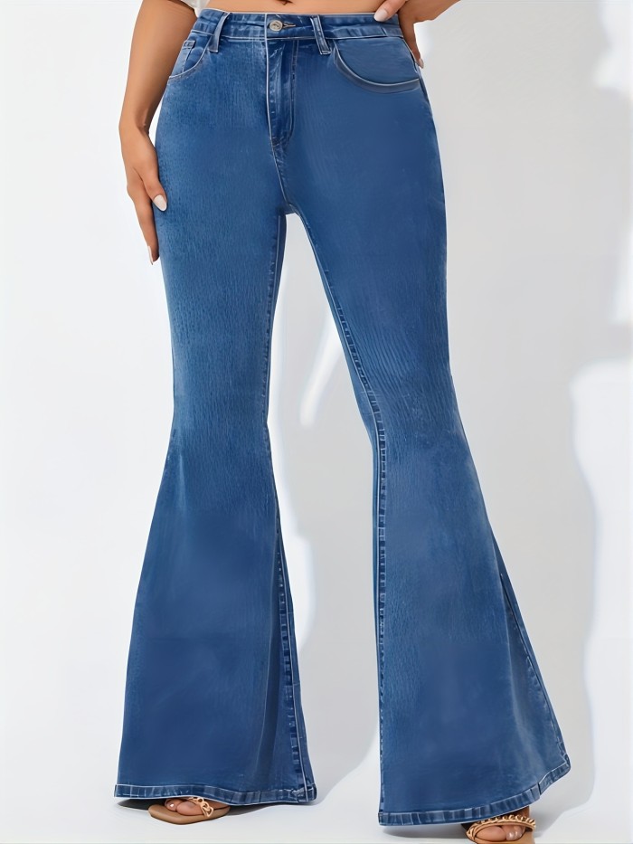 Floral Embroidery Stretchy Flare Leg Jeans, Medium Washed Blue Elegant Bell Bottoms Denim Pants, Women's Denim Jeans & Clothing