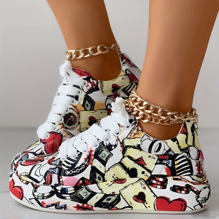 Women's Graffiti Print Sports Shoes, Fashion Lace Up Low Top Platform Sneakers, Casual Skate Shoes