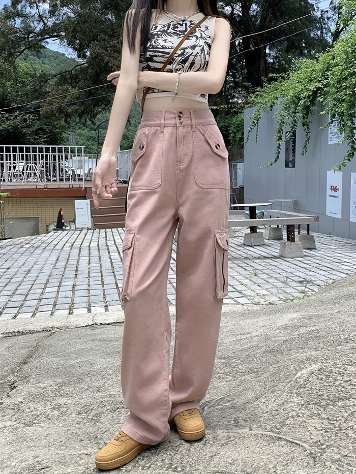 Pink Flap Pockets Cargo Pants, Loose Fit High Waist Non-Stretch Wide Legs Jeans, Women's Denim Jeans & Clothing