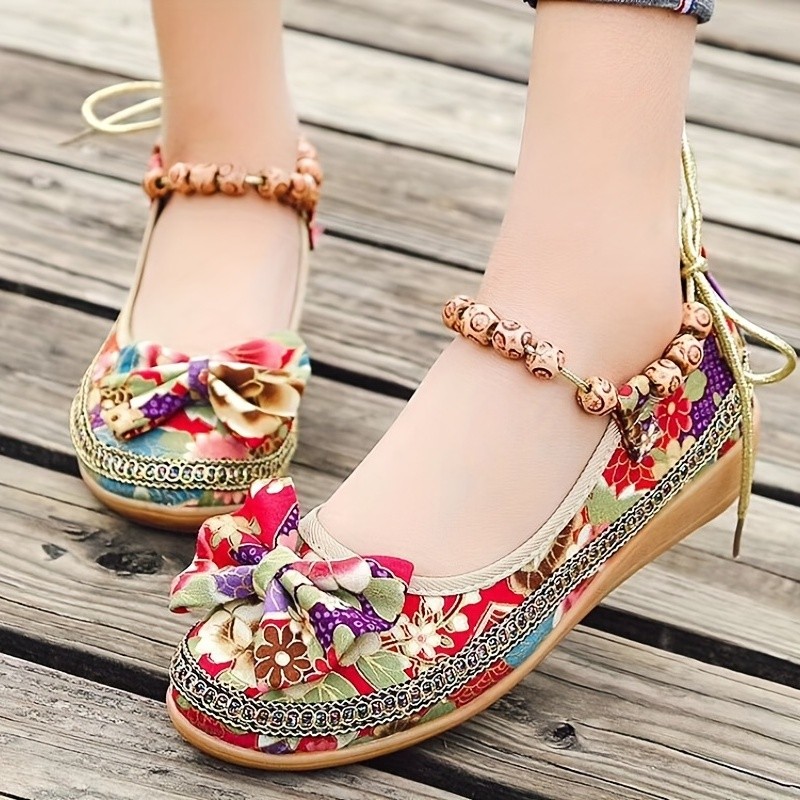 Women's Tribal Style Beading Flat Shoes, Retro Floral Print Bowknot Walking Shoes, Casual Soft Sole Shoes