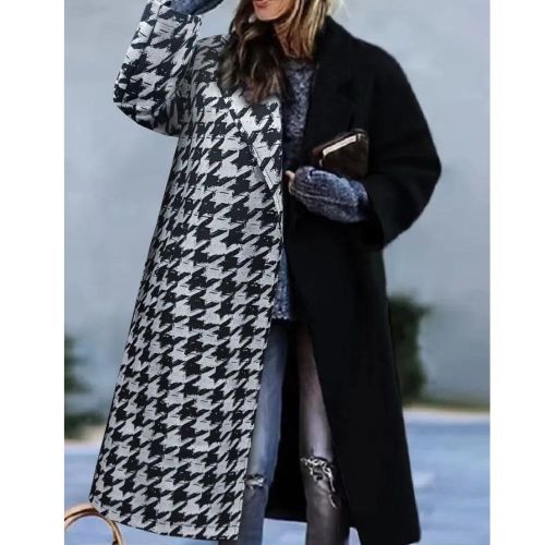 Plus Size Casual Coat, Women's Plus Colorblock Houndstooth Print Long Sleeve Lapel Collar Longline Overcoat