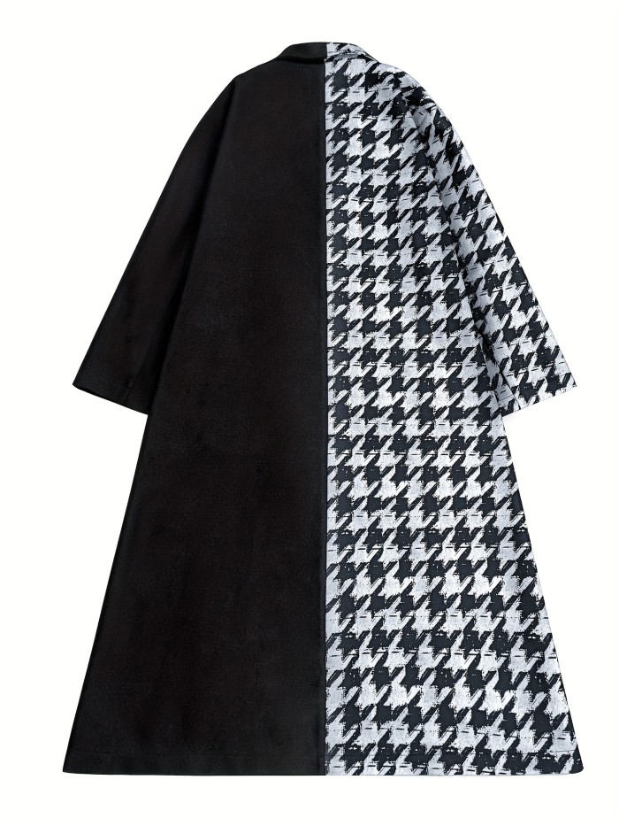 Plus Size Casual Coat, Women's Plus Colorblock Houndstooth Print Long Sleeve Lapel Collar Longline Overcoat