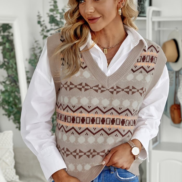 Tribal Print Sweater Vests, Casual V-Neck Sleeveless Fall Winter Knit Sweater Vest, Women's Clothing