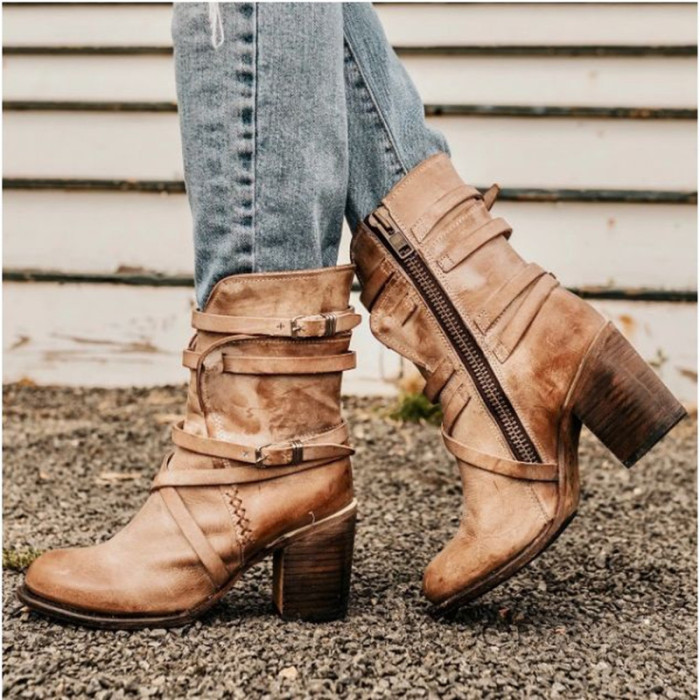 Retro Ankle Boots Square Heel Round Head Zipper Fashion  Boots Botas