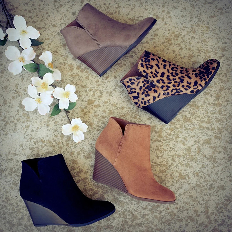 Pointed Toe Booties Winter Women Leopard Ankle Boots Lace UpHigh Heels Wedges Shoes