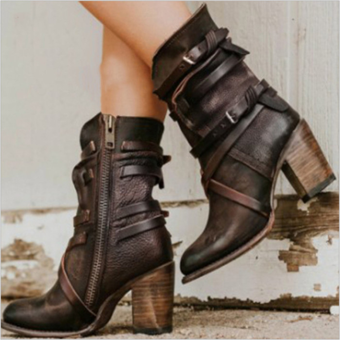 Retro Ankle Boots Square Heel Round Head Zipper Fashion  Boots Botas