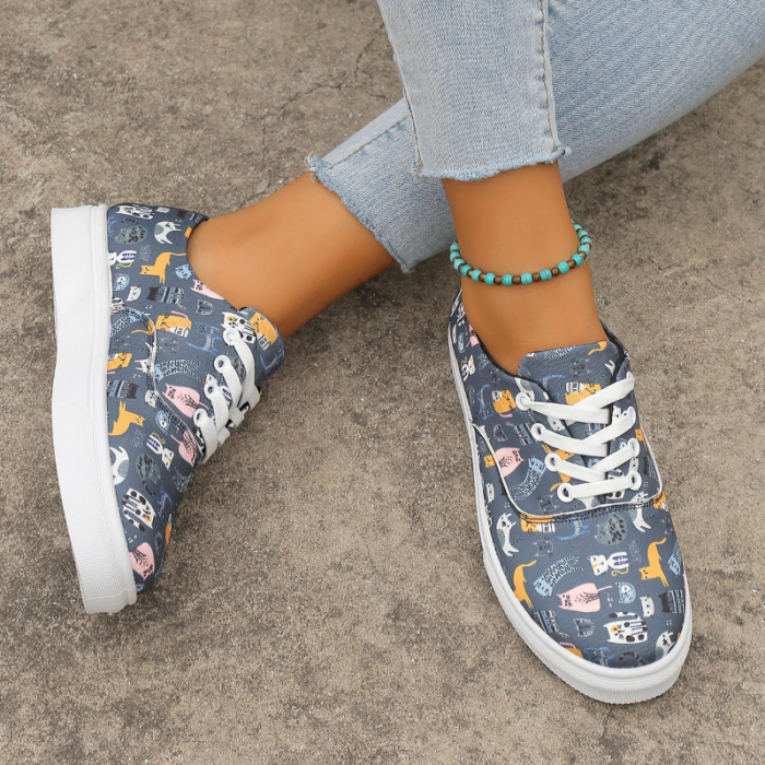 Women's Sneakers Fashion Design Round Toe Lace Print Canvas Sneakers