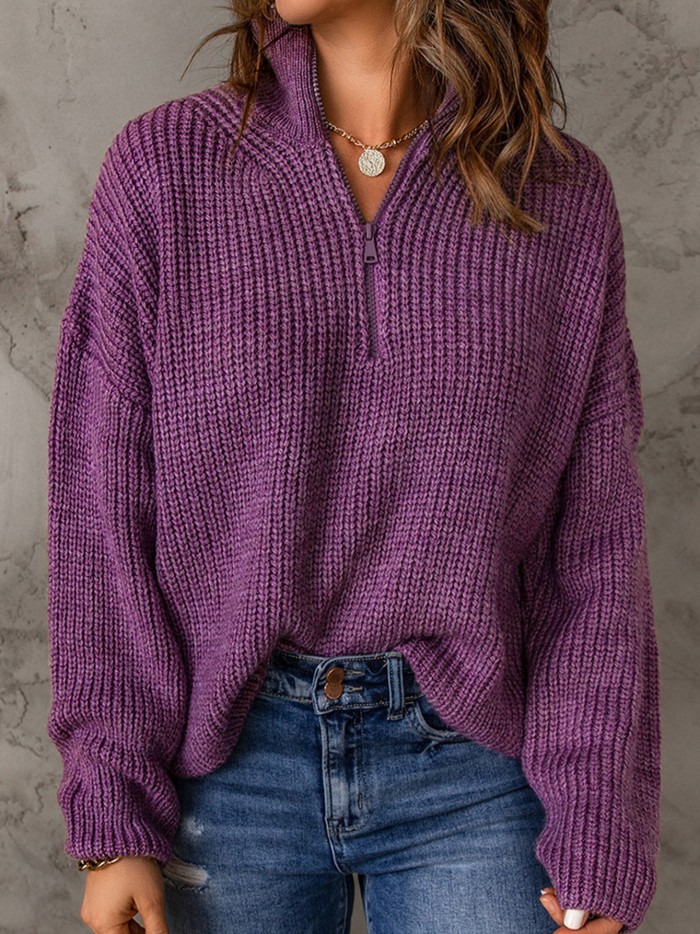 Women's Sweater Purple Zipped Turtleneck Drop Shoulder Knit Sweater