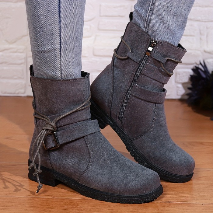 Women's Buckle Strap Decor Boots, Fashion Round Toe Solid Color Lace Up Side Zipper Platform Boots, Versatile & Comfortable Shoes