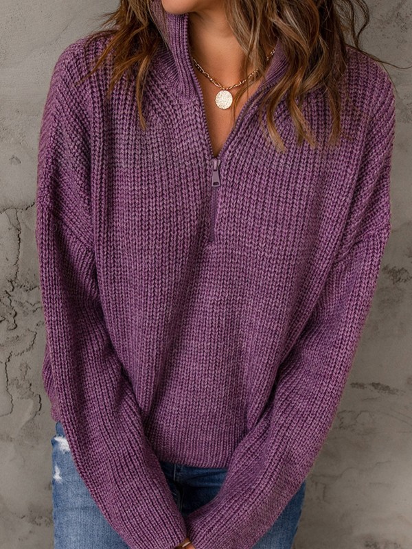 Women's Sweater Purple Zipped Turtleneck Drop Shoulder Knit Sweater