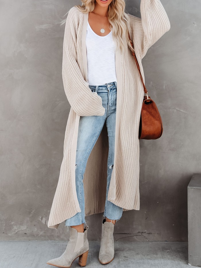 Solid Open Front Loose Knit Cardigan, Casual Long Sleeve Long Length Split Sweater, Women's Clothing
