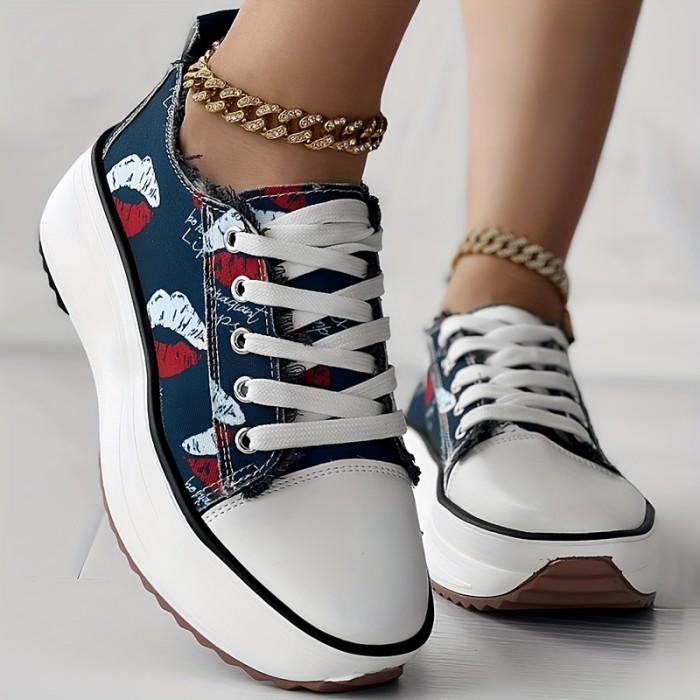 Women's Colorblock Flatform Canvas Shoes, Low-top Round Toe Lace Up Casual Shoes, Outdoor Comfy Daily Shoes