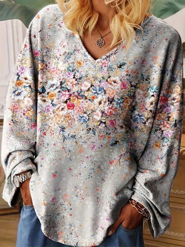 Gloral Print Pullover Sweatshirt, Casual Long Sleeve V Neck Sweatshirt For Fall & Winter, Women's Clothing