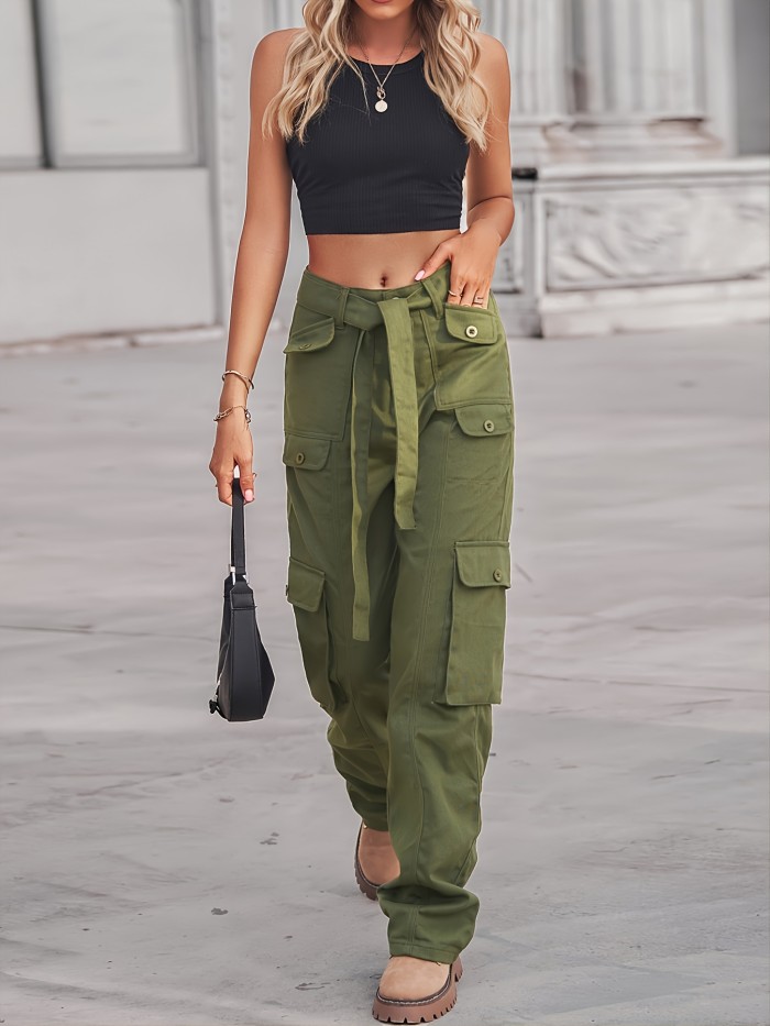 Multi-Pocket Baggy Cargo Pants, Loose Fit Non-Stretch With Belt Straight Jeans