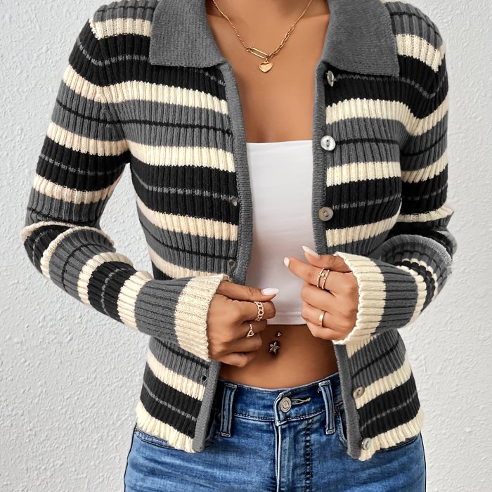 Striped Flat Collar Button Up Cardigan, Casual Long Sleeve Cardigan For Spring & Fall, Women's Clothing