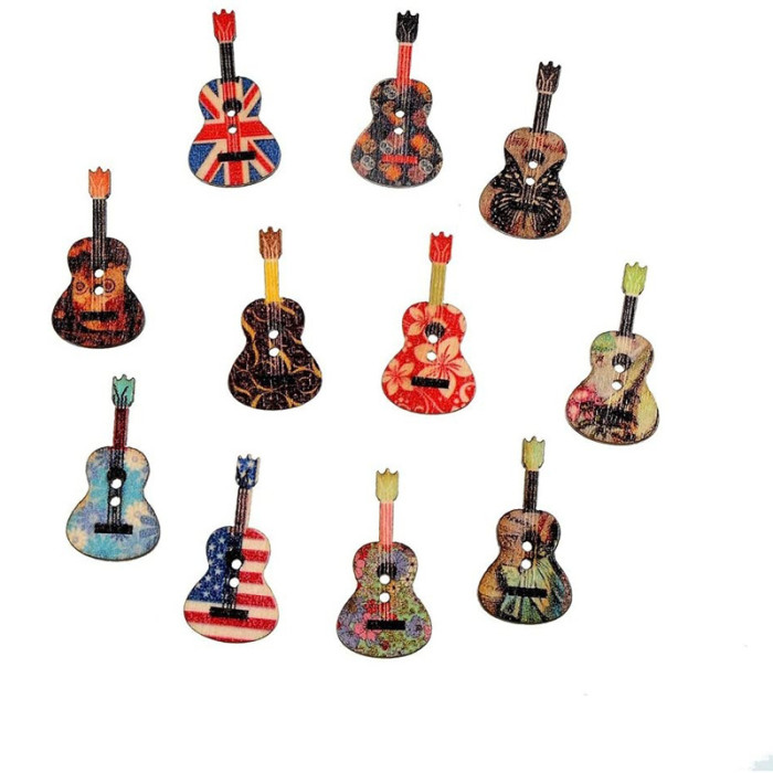 50pcs Mixed Wood Buttons 2 Holes Creative Flower Guitar Shape Sewing Scrapbooking Button Random Country Color DIY Tools