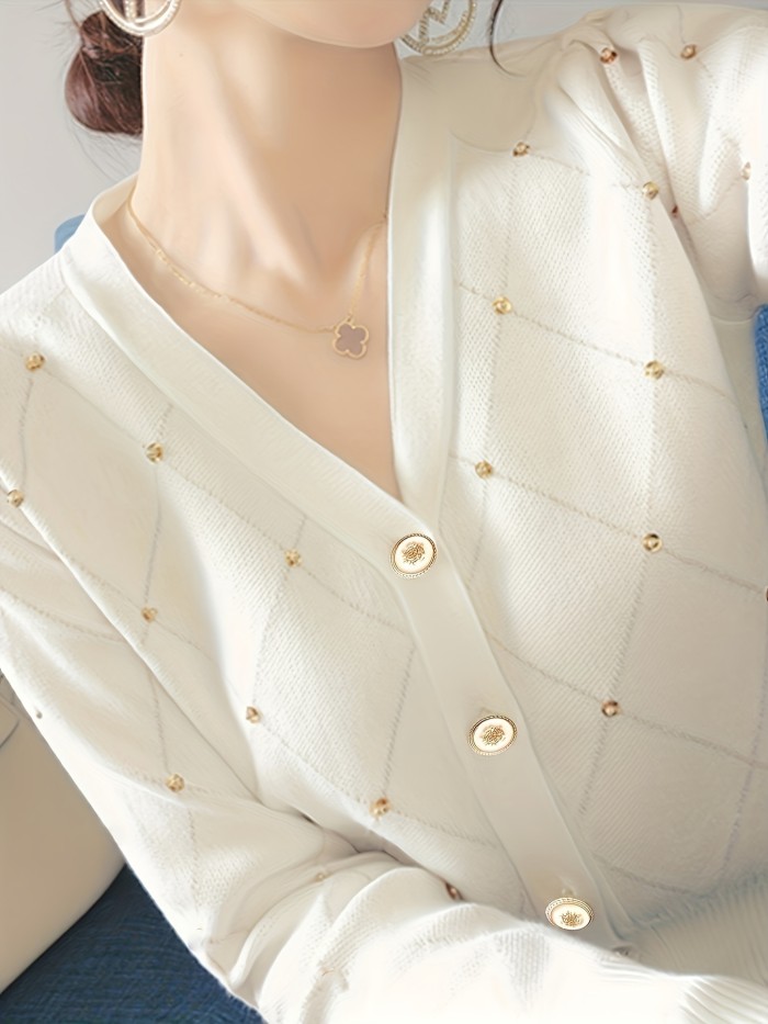 Plaid Beaded Cardigan, Elegant V-neck Long Sleeve Cardigan For Fall & Winter, Women's Clothing