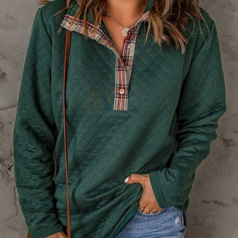 Women's Sweatshirt Casual Geometric Texture Plaid Trim Long Sleeve Button Fashion Loose Pullover
