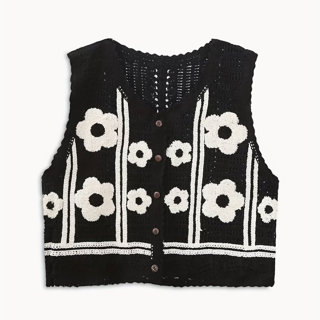 Floral Pattern Button Crop Sweater Vest, Casual Sleeveless Hollow Sweater For Spring & Fall, Women's Clothing